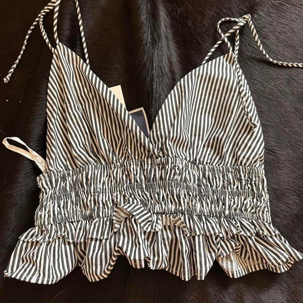 white and black striped crop top with ruffles